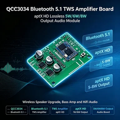 QCC3034 5-8W TWS Stereo Bluetooth Amp, aptX HD Lossless, BT 5.1 Module