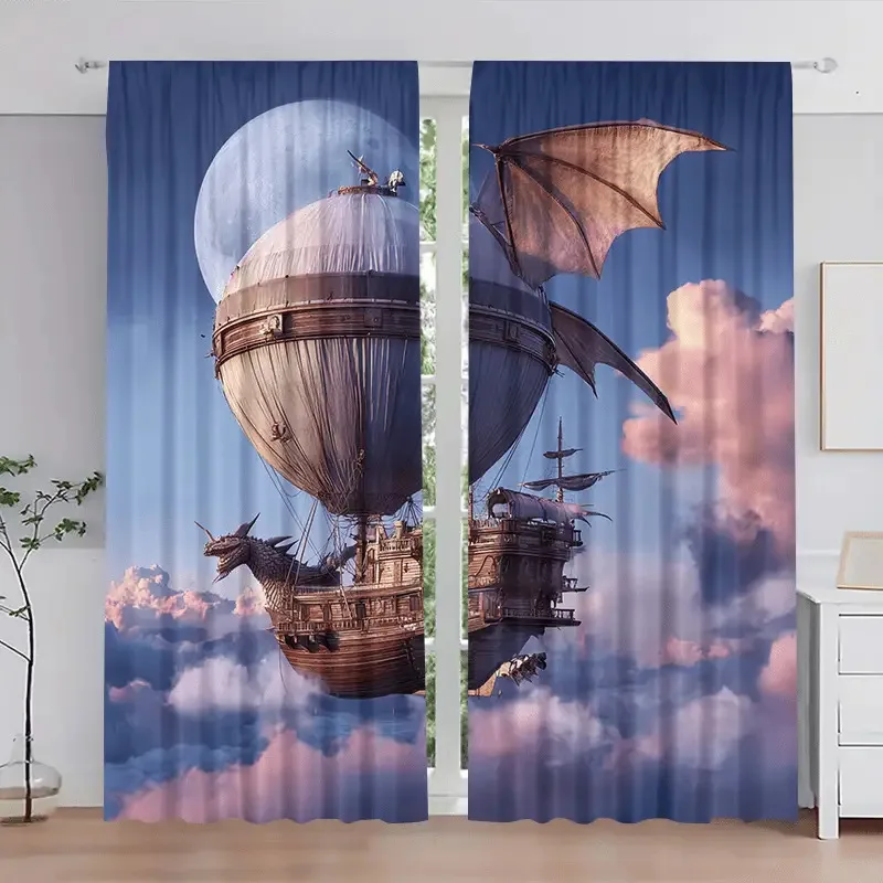 2pcs Flying Dragon Boat Moon Cloud Curtains- High-Definition Digital Printing, Light-Filtering Polyester Curtains, Rod Pocket De