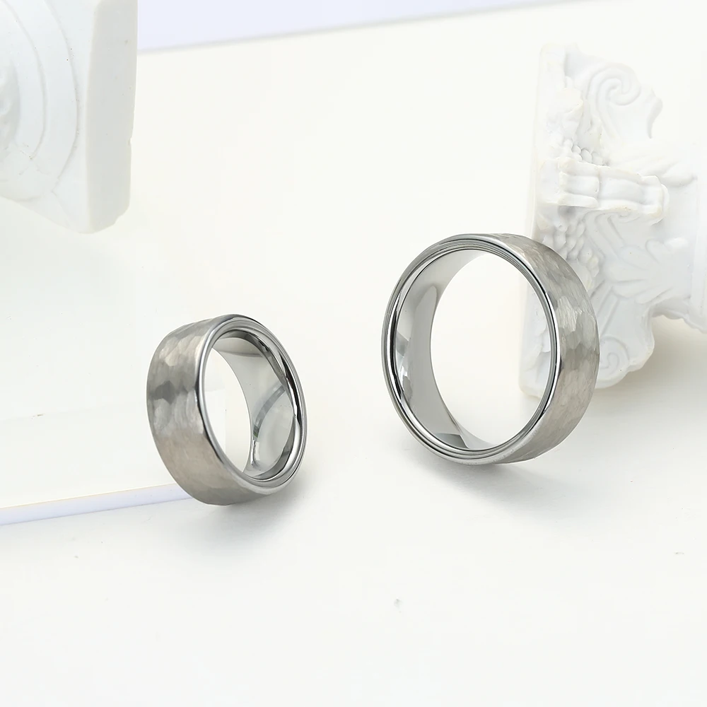 8mm Silver Wedding Band Tungsten Carbide Hammer Rings Men Women Anniversary Gift Multi-Faceted Flat Brushed Finish Comfort Fit