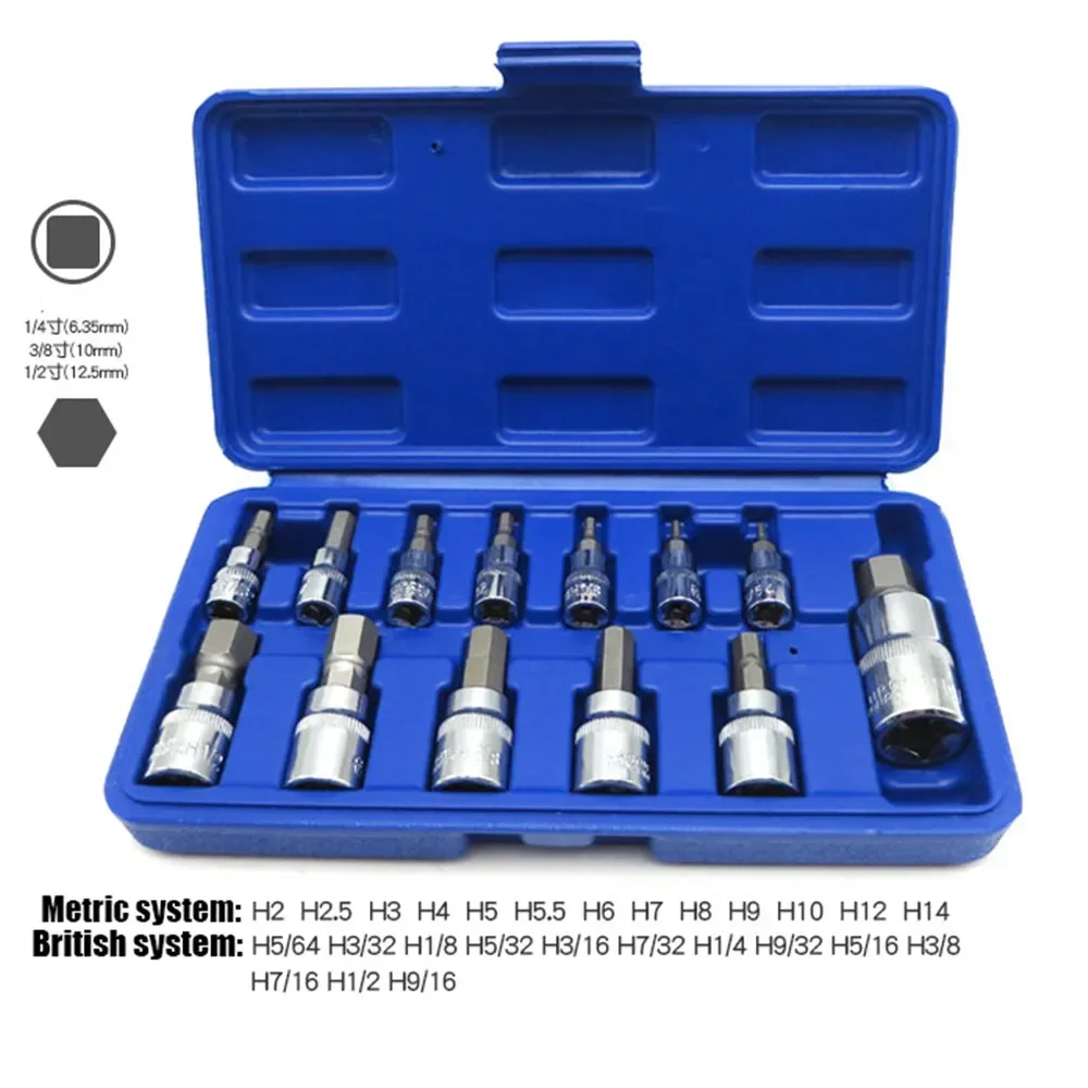 

3/8"" 1/4"" 1/2"" 13 Pcs/Set Universal Sleeve Head Hex SAE And Metric Sized Sockets Wrench Cr-v Socket Bit Set Drill Bit Adapter