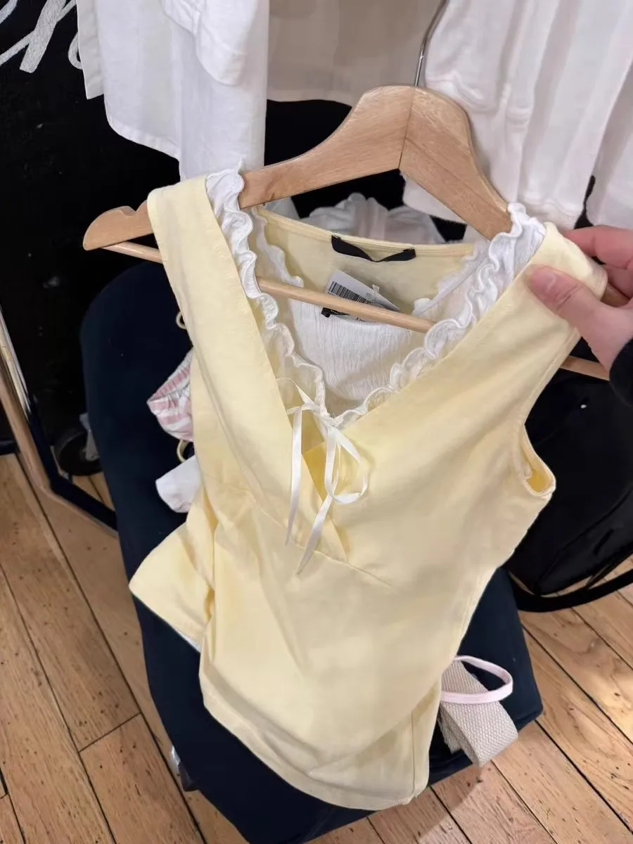 Sweet Yellow Slim V-neck Tank Top Women Summer New Casual Simple Cotton Sleeveless Vest Clean girl Preppy Style Cute Camisole
