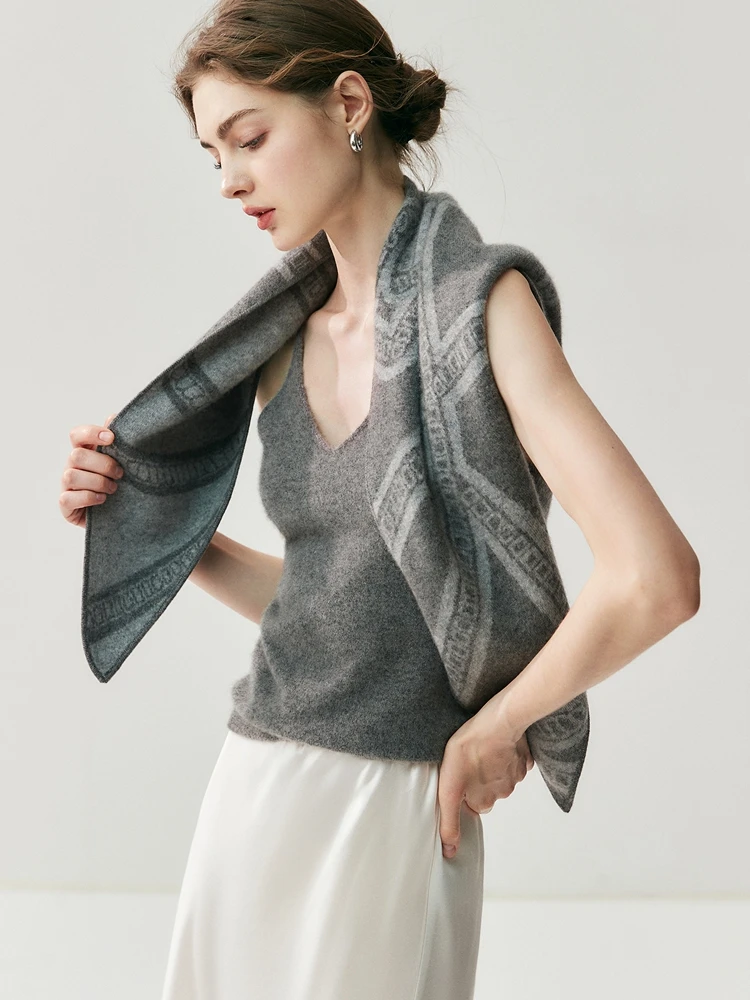 TLOML Chic Women's 100% Cashmere Knitted Scarf Shawls Autumn Winter Soft Cashmere Knitwear Triangle Shawl Wraps Luxury Design