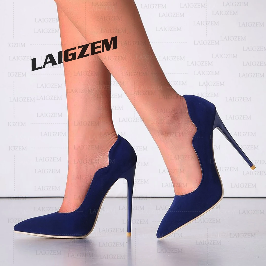 LAIGZEM Women Heels Faux Suede Pointy Toe Stiletto High Heels 12CM Pumps Dress Wedding Basic Shoes Zapatos Large Size 41 46 47