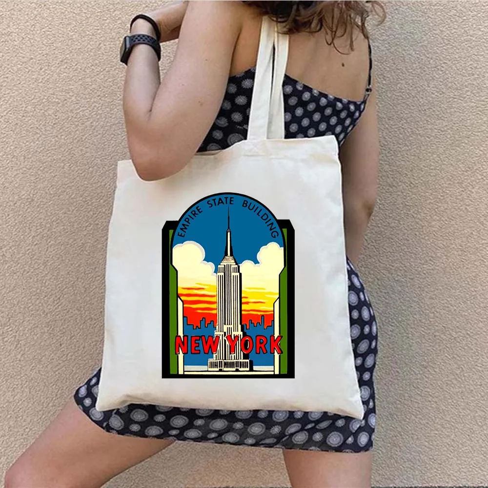 Retro New York City N Y C Empire State Statue of Liberty Architecture Shoulder Canvas Tote Bag Harajuku Shopping Shopper Handbag