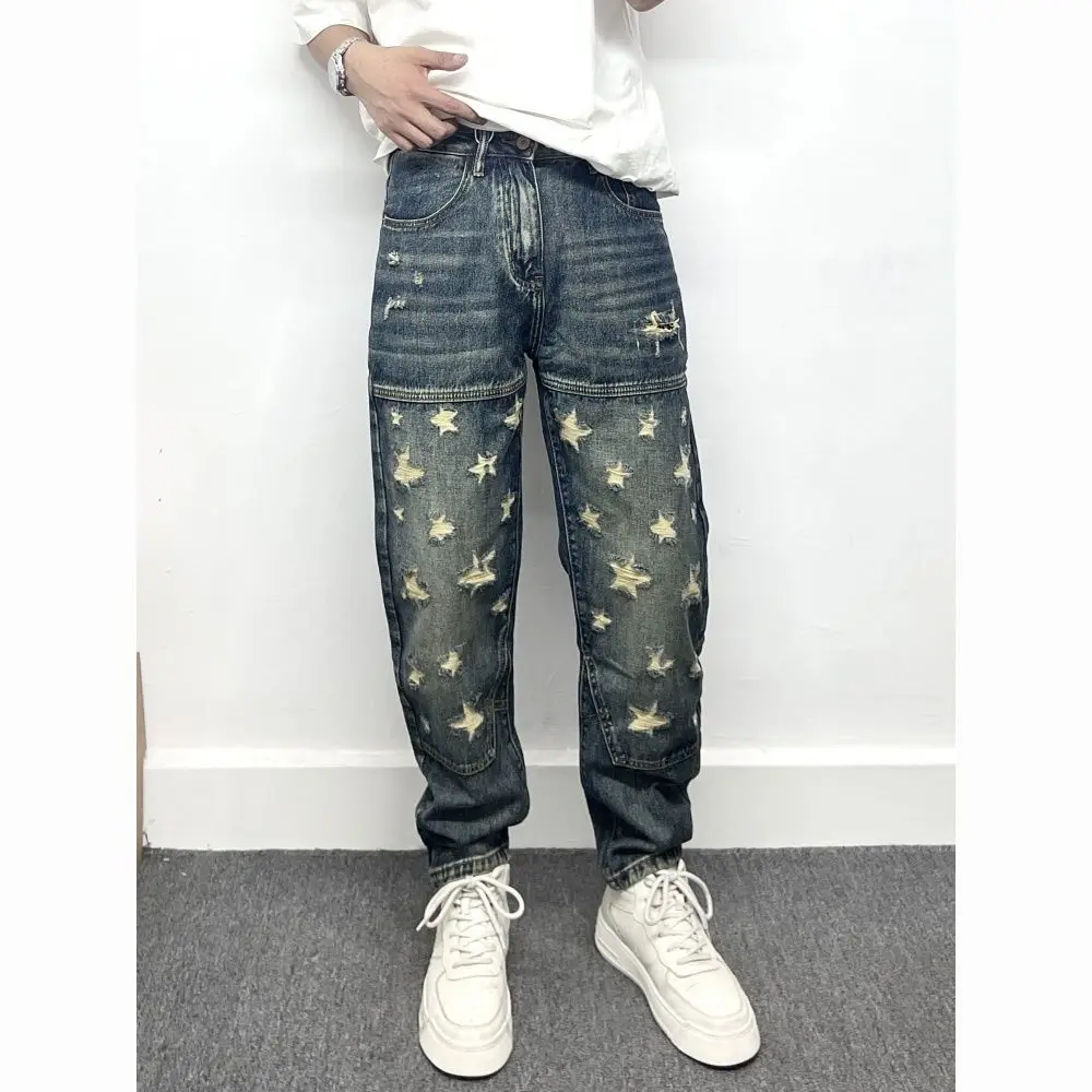 Men's Star Ripped Jeans Distressed Sweatpants Boys Street Bottoms Fashion Denim Trousers Male Casual Straight Small Leg Pants