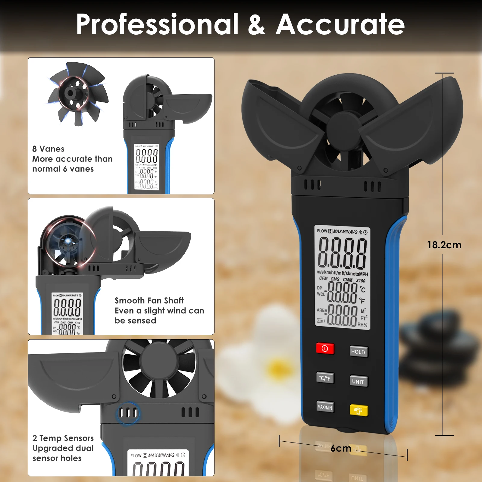 

Portable Handheld Anemometer Wind Speed Meter 0.3-30m/s 6 Units ±2% Accuracy with Temp Humidity MAX/AVG Backlit for HVAC Drone