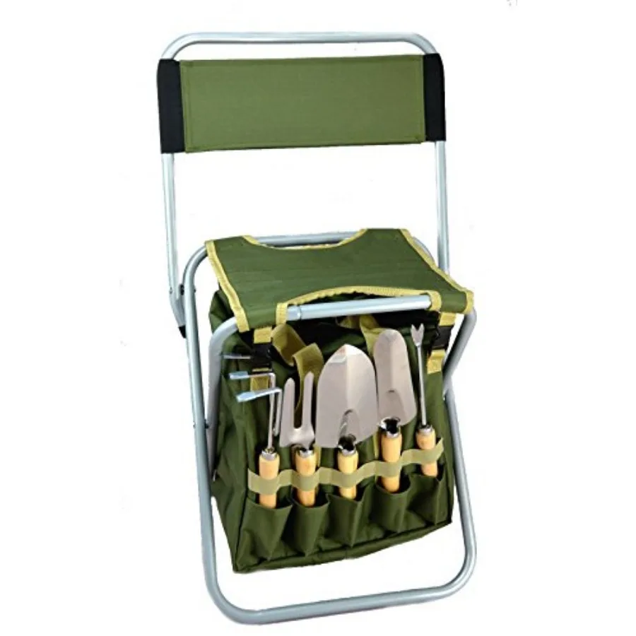 

Набор из 10 садовых инструментов с отстегивающейся сумкой на молнии и складным стулом-табуретом со спинкой