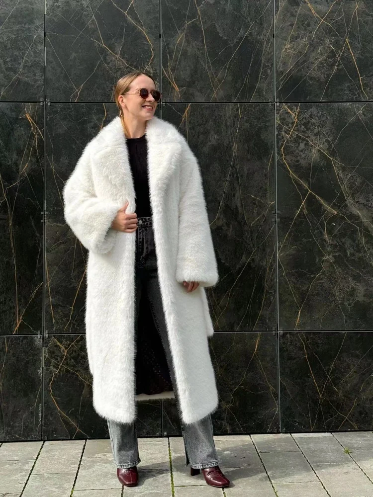 

White Big Lapel Collar Full Sleeves Long Faux Fur Coat Elegant Solid Color Casual Loose Overcoat New Fall High Street Outerwear