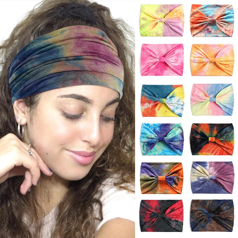 

Tie Dye Wide Knotted Headbands for Women Vintage Turban Headwrap Girls Hair Bands Accessories Elastic Sweat Bandanas Headscarf