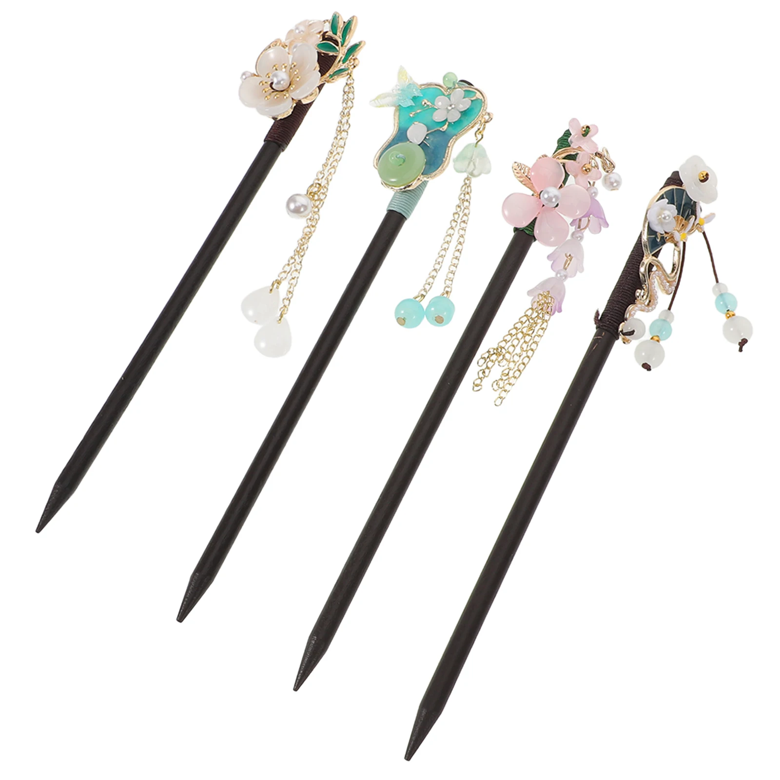

4pcs Vintage Chinese Hairpin Ebony Wood Handcrafted Tassel Hair Stick Ancient Style Spring for Women Wedding Hanfu