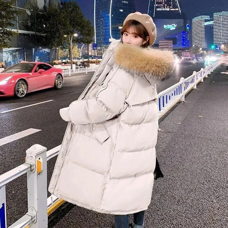 Faux Fur Collar Long Hooded Parka Women 95kg Loose Warm Winter Cotton Jackets Korean Fashion Snow Wear Padded Quilted Overcoat