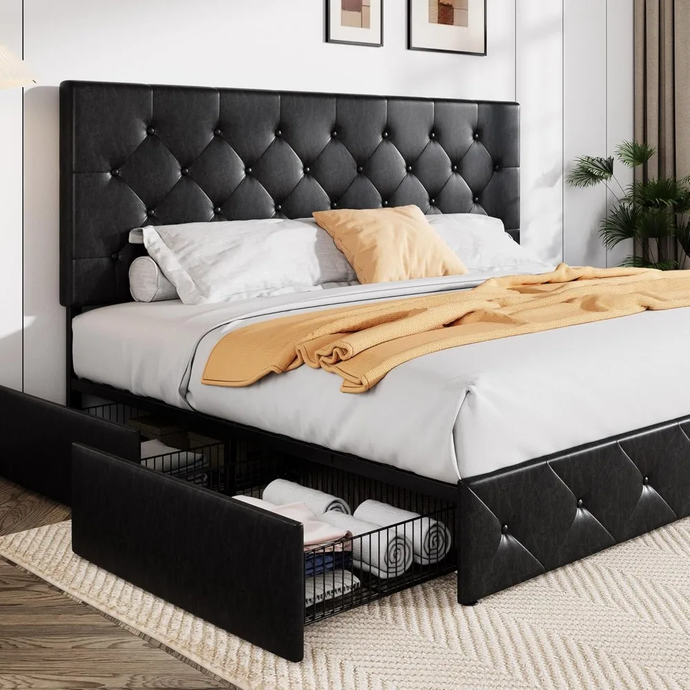 King Size Black Metal Faux Leather Platform Bed Frame with 4 Drawers