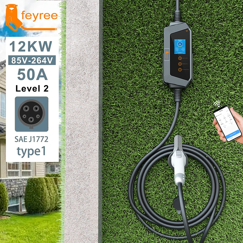 feyree 50A 12KW Type1 Portable EV Charger 1 Phase J1772 Socket with 14-50 Plug 5m Cable Current Adjustable Charging Box Holder