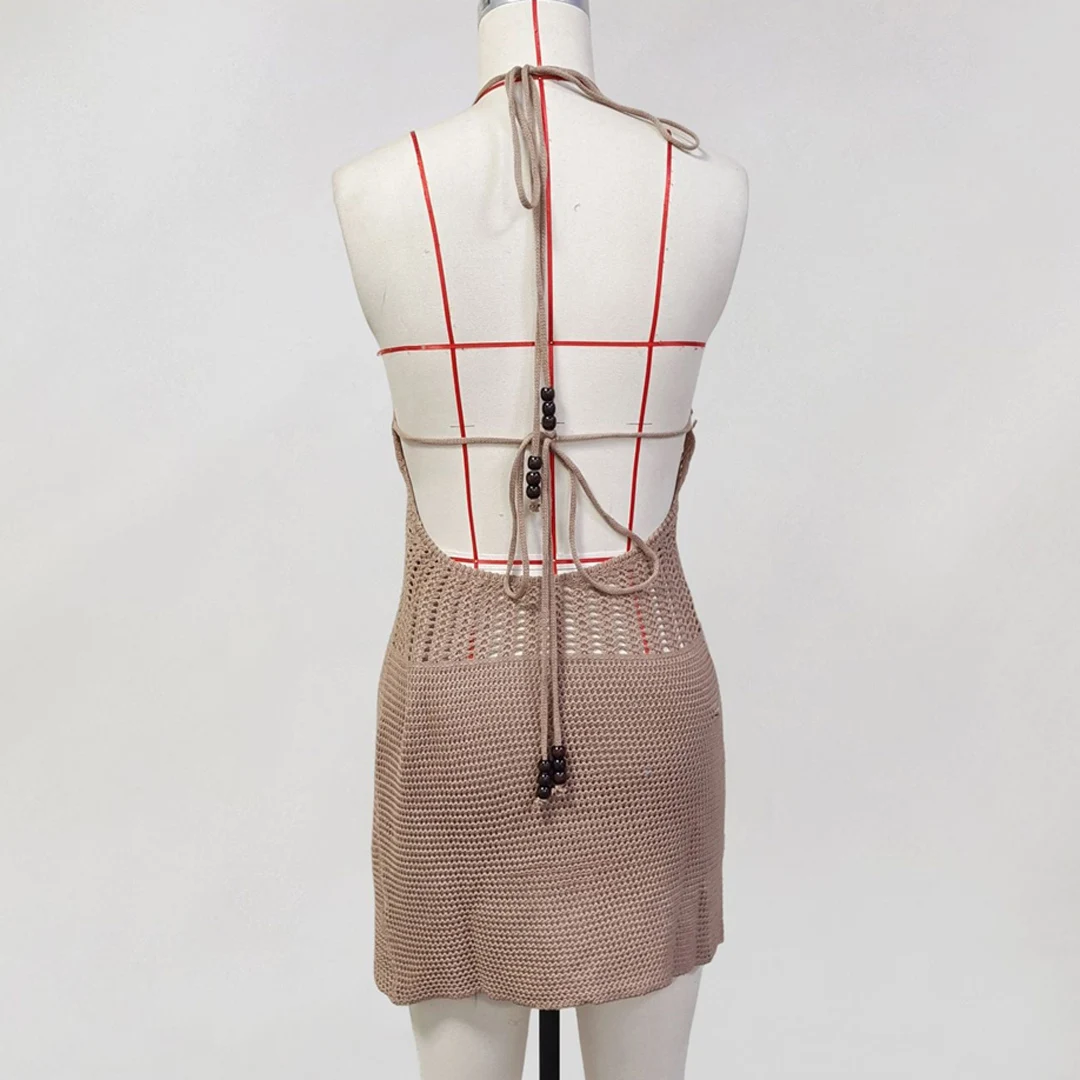 Schlankes, figurbetontes, gehäkeltes, gestricktes Strandkleid für Damen, Neckholder-Minikleid, Sommerkleid mit Ausschnitten, V-Ausschnitt, rückenfrei, sexy Partykleid V6210 – Detail 32