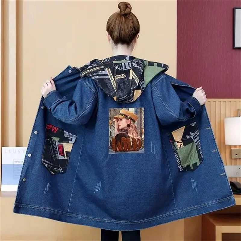 Lady Medium Long Styles Jeans Jacket Korean Female Work Clothes Cowboy Windbreaker Spring Autumn Women Large Size 5XL Denim Coat