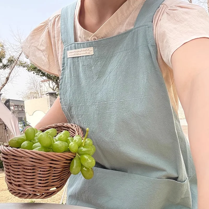 Japanese Korean Cotton Garden Kitchen Apron with Pockets for Women Anti-dirty Cross-back Apron for Cooking Cleaning Pinafore