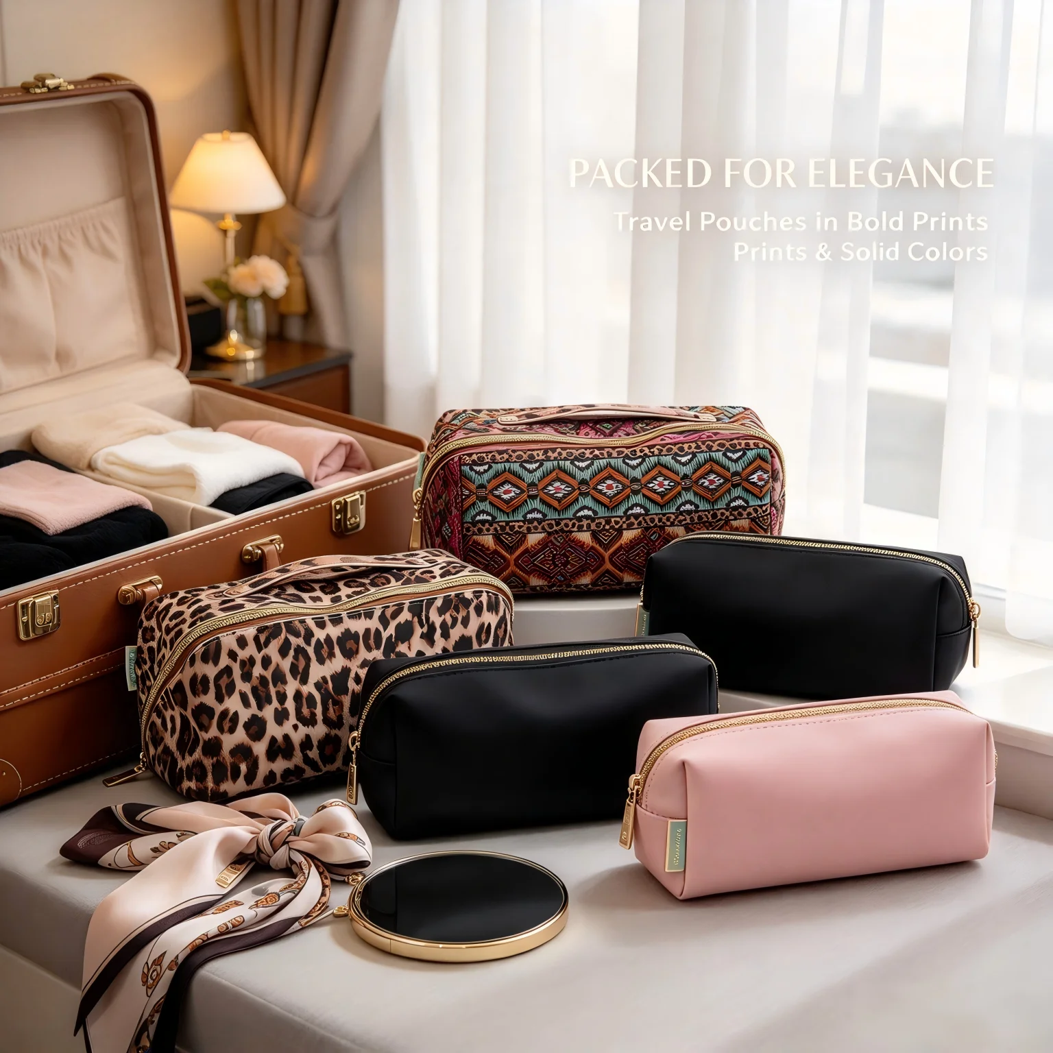 No More Digging! PU Leather Lay Flat Makeup Bag Set of 2 – 180° Open Travel Cosmetic Organizer with Angled Zipper & Stand-Up Brush Bag
