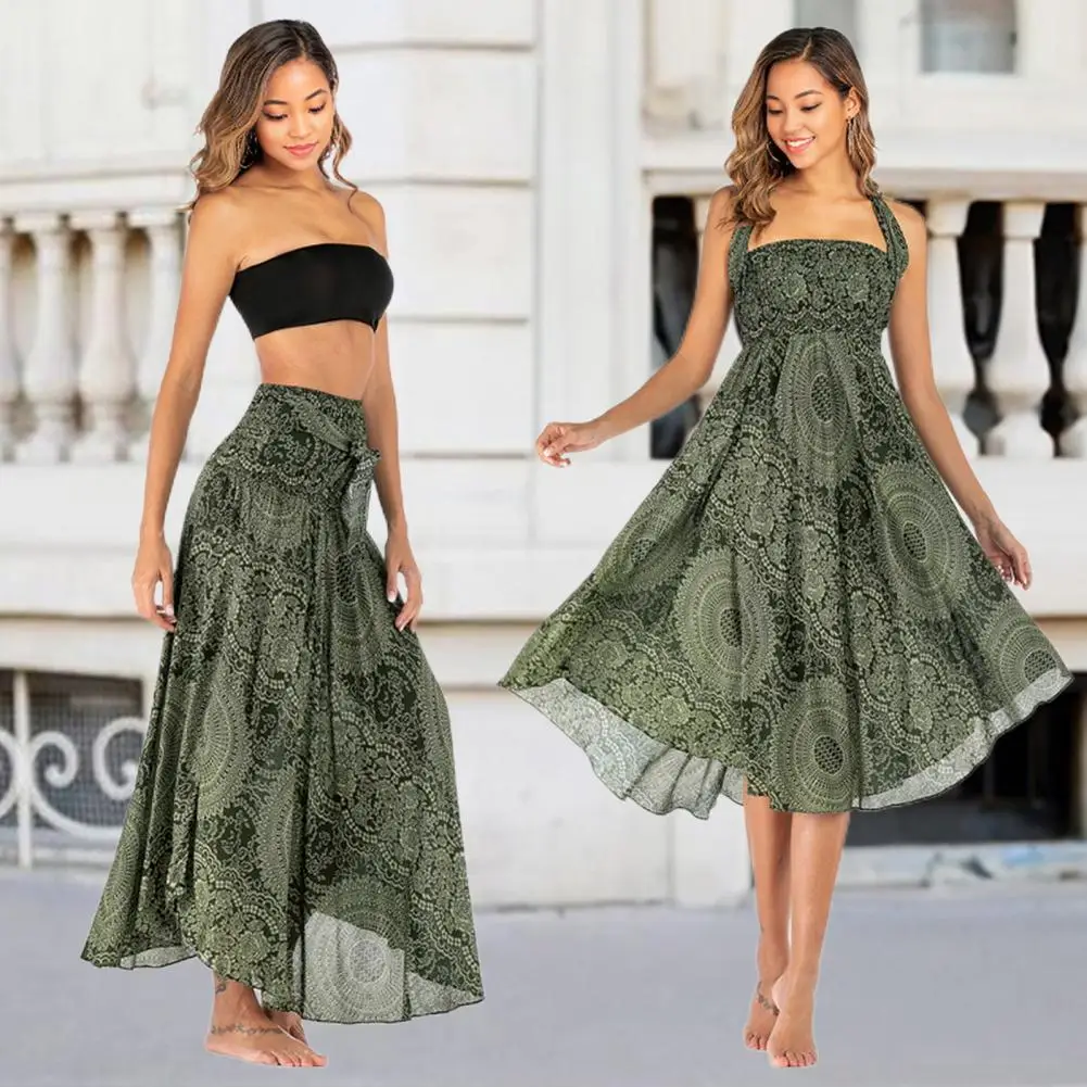 Summer Beach Vacation Dress Bohemian Style Women's Retro Print Flowy Hem Halter Dress Skirt Sleeveless Midi Dress with for Women