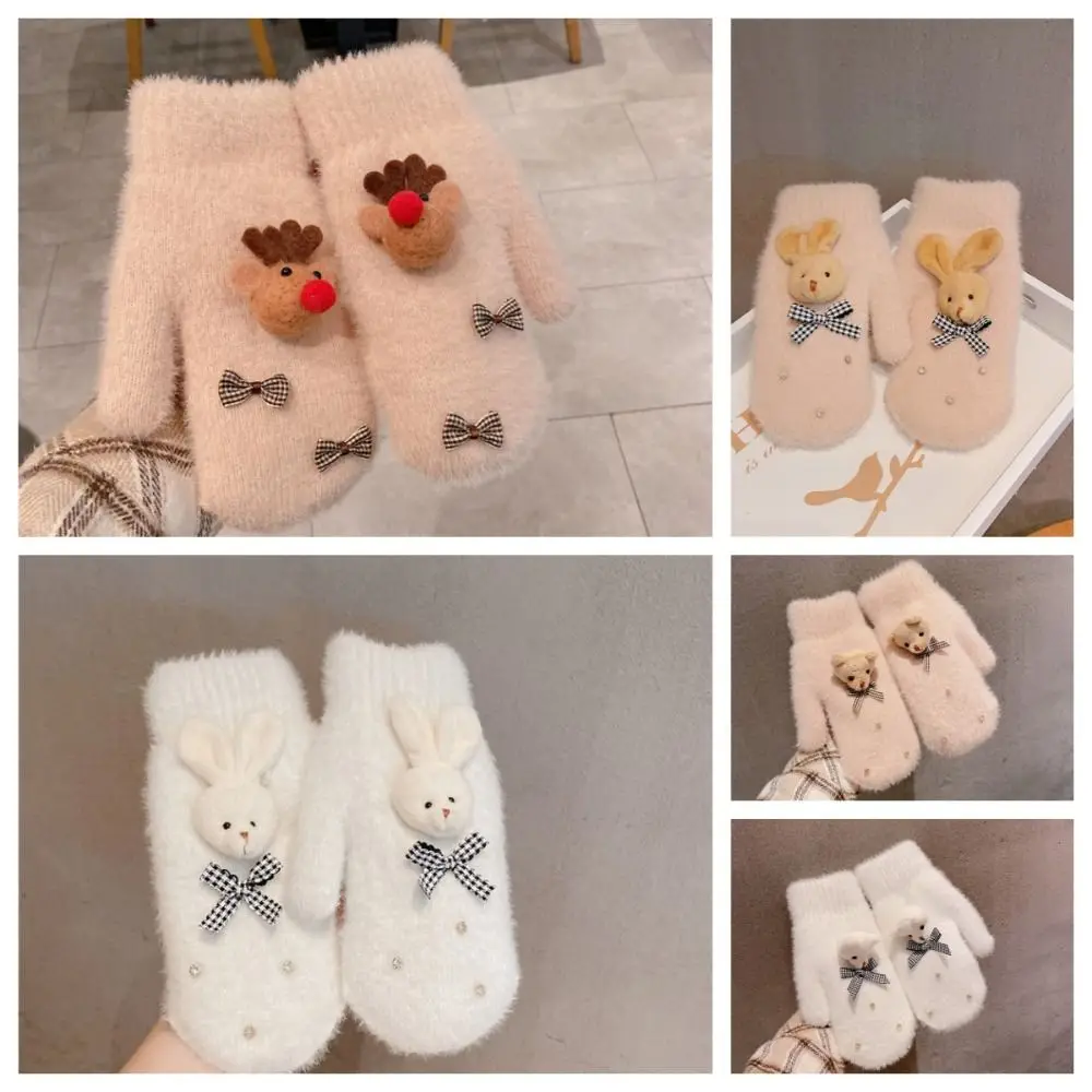 Kawaii Christmas Full Finger Mittens Women Girl Winter Snow Bow Plush Gloves Cute Bear Gloves Warm Thicken Knitted Gloves Gifts