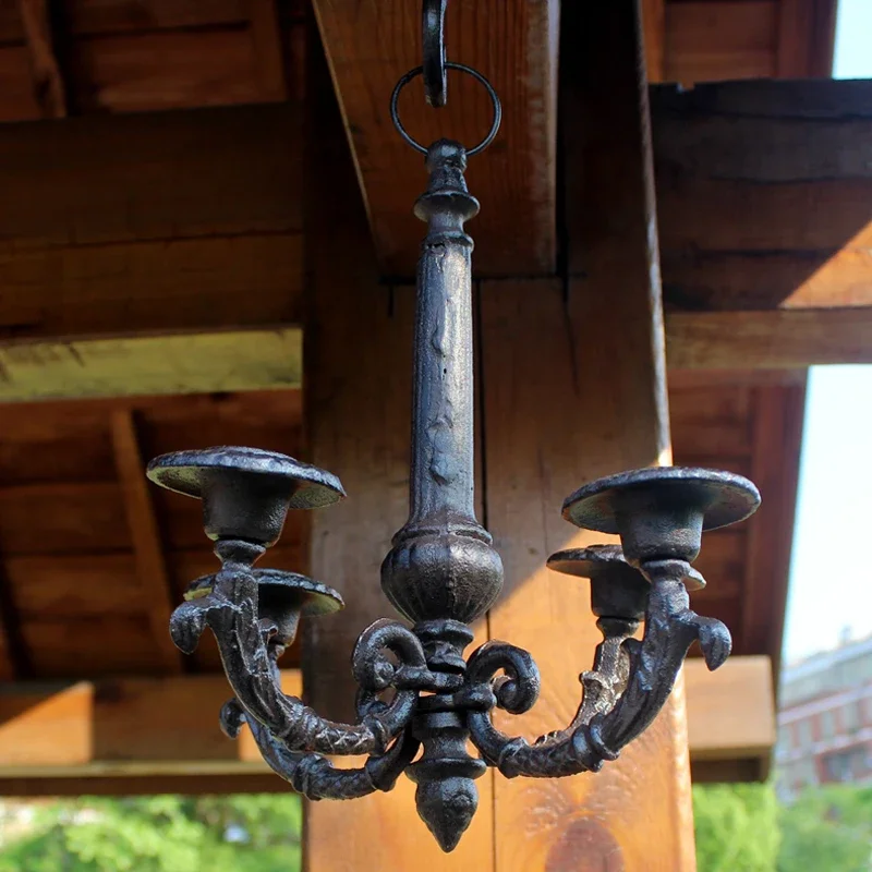 European Vintage Home Decor Hanging Cast Iron Sticker Candle Holder With Four Cups Farm House Accents Handmade Metal Chandelier
