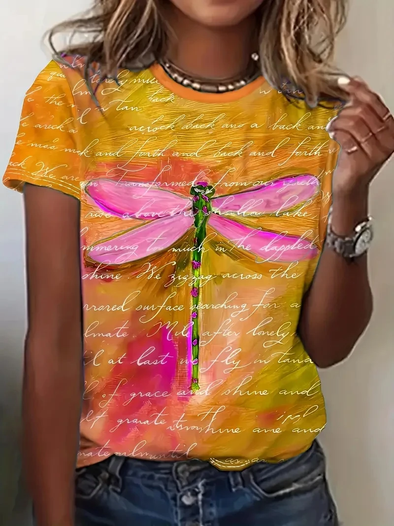 

Women's Plus Size T-shirt New Round Neck 3D Dragonfly Print T-shirt Summer Fashion Short Sleeved Top Summer Top Women's Clothing