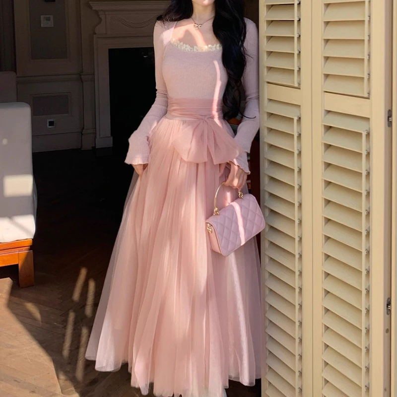 

Knitted Mesh Dress With Square Neckline, Long Sleeves, Lace Trim, Waist Bow, Elegant Formal Gown