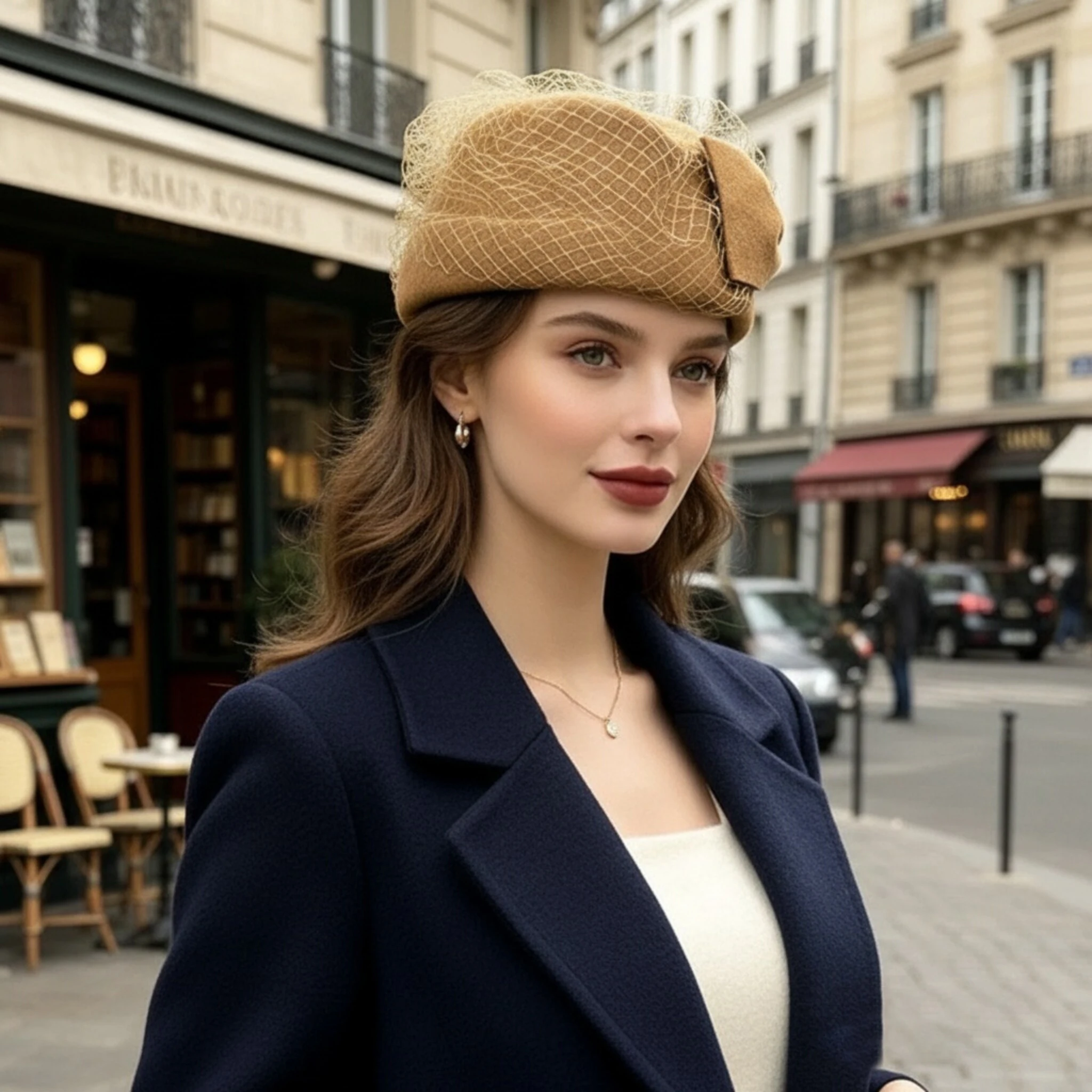 Women Vintage Wool Beret Hat Bow Birdcage Veil Elegant Retro Pillbox Cap Wedding Tea Party Formal Occasion Autumn Headwear
