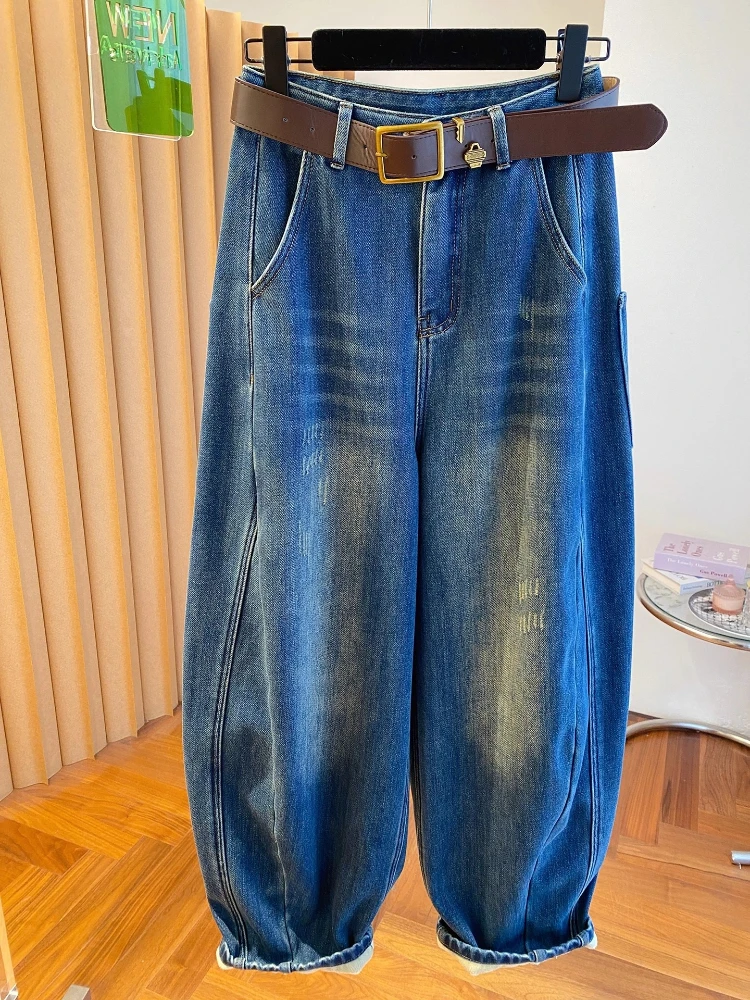 Winter Velvet Jeans Women Vintage Fashion High Waist Wide Leg Pants Casual Loose Thickened Warm Large Size Denim Slacks Outwear