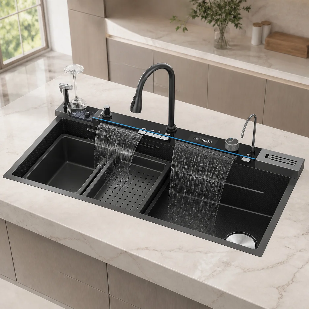 Stainless Steel Kitchen Sink Single Bowl Large Waterfall Sink with Touch Waterfall Faucet Topmount Wash Basin Multifunction