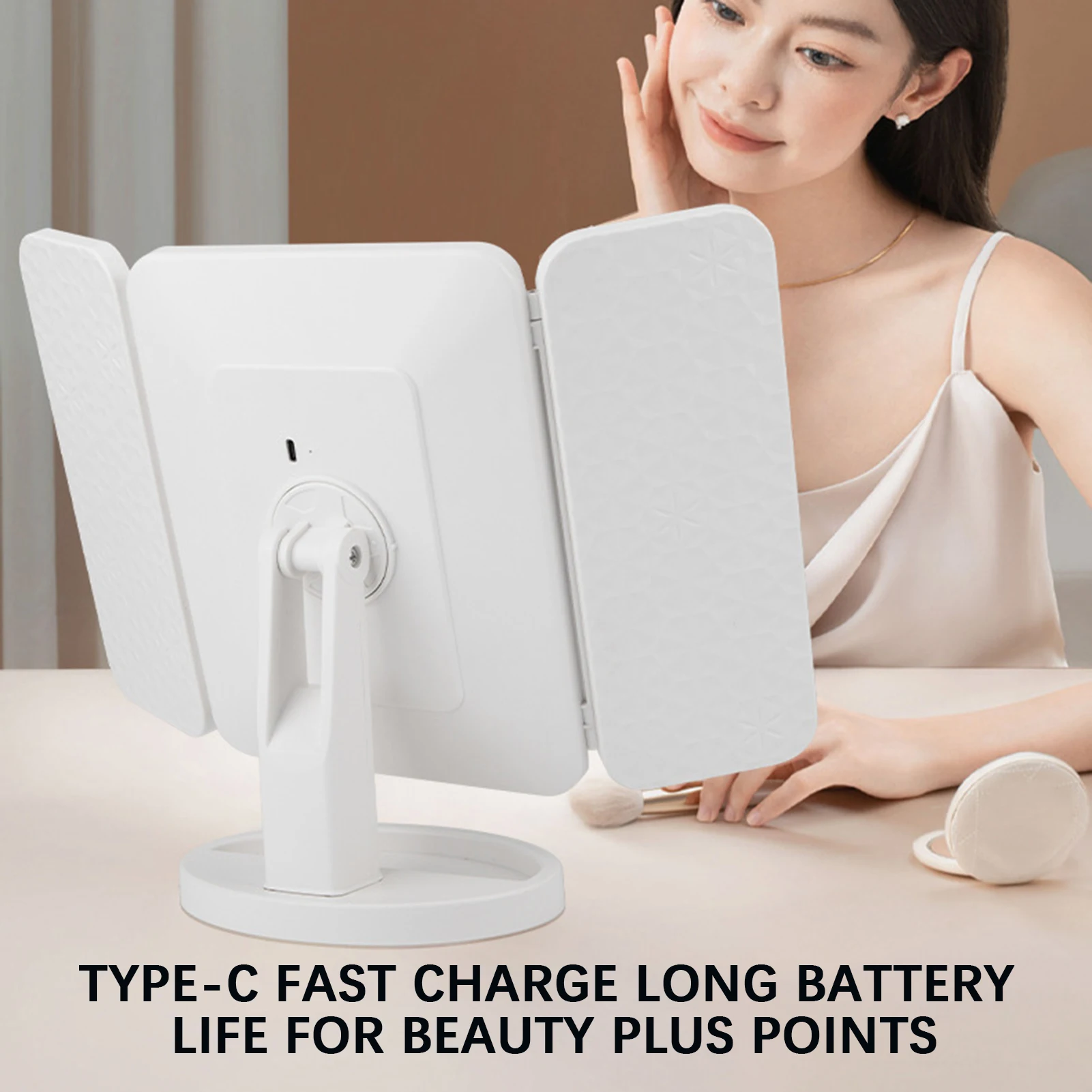 인기 데스크탑 LED 메이크업 거울 필 라이트 확대경 3면 접이식 쉘 거울 회전 보관 공주 드레싱 거울