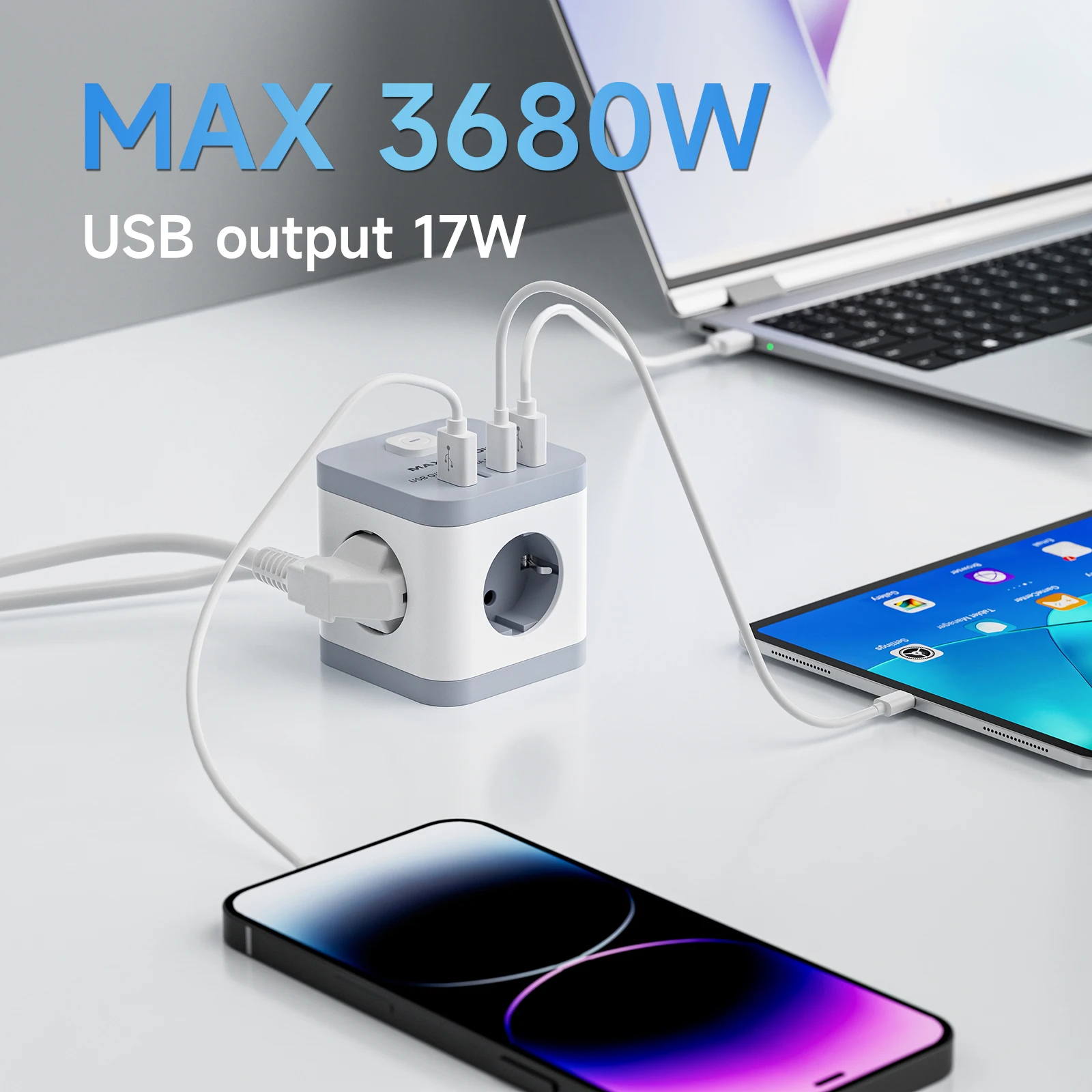 1pc EU White CUBE POWER STRIP 10 ft extension cord 3AC 2 USB-A+2 USB-C 16A 3680W Suitable for family, work, and travel use