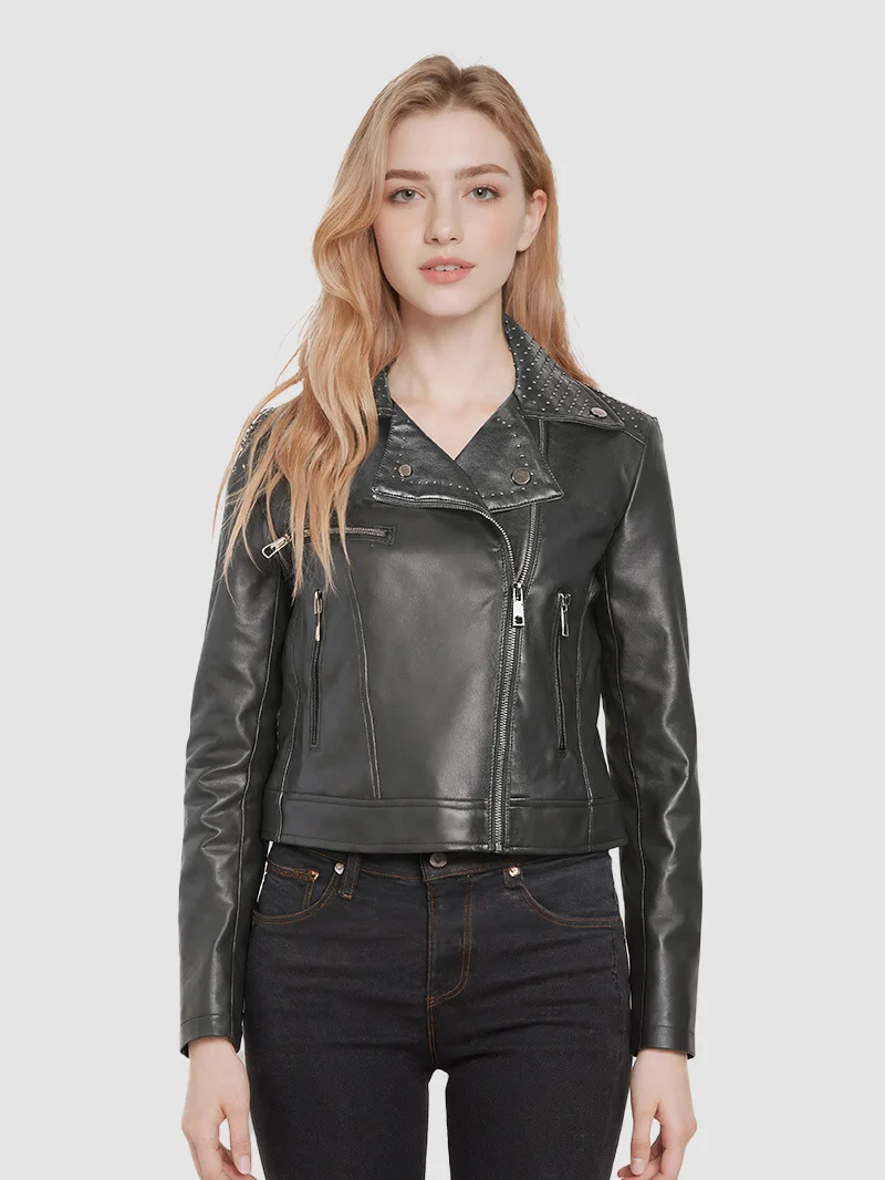 Autumn and winter women's leather jacket short PU slim fit leather jacket black willow nail motorcycle jacket suit jacket
