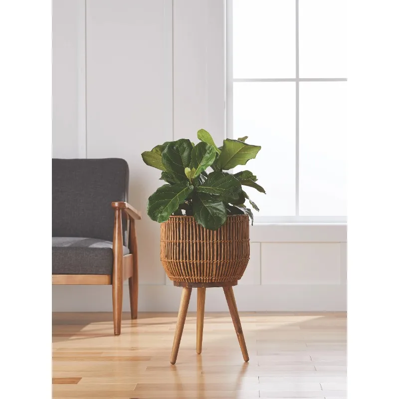 

13 in Round Brown Resin Planter & Stand Set with Wood Legs, 21.65 in Height