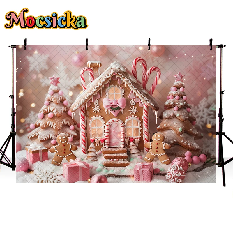 Mocsicka Pink Peppermint Gingerbread House Backdrops Kids Adult Photogrpahy Child Baby Photo Props Winter Christmas Background