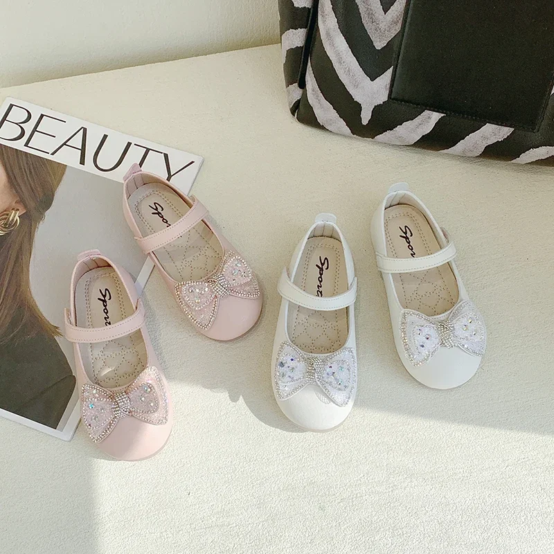 Spring Autumn Girls Causal Leather Shoes for Princess Fashion Kids Bowknot Shoes Wedding Party Non-slip Children's Flat Shoes