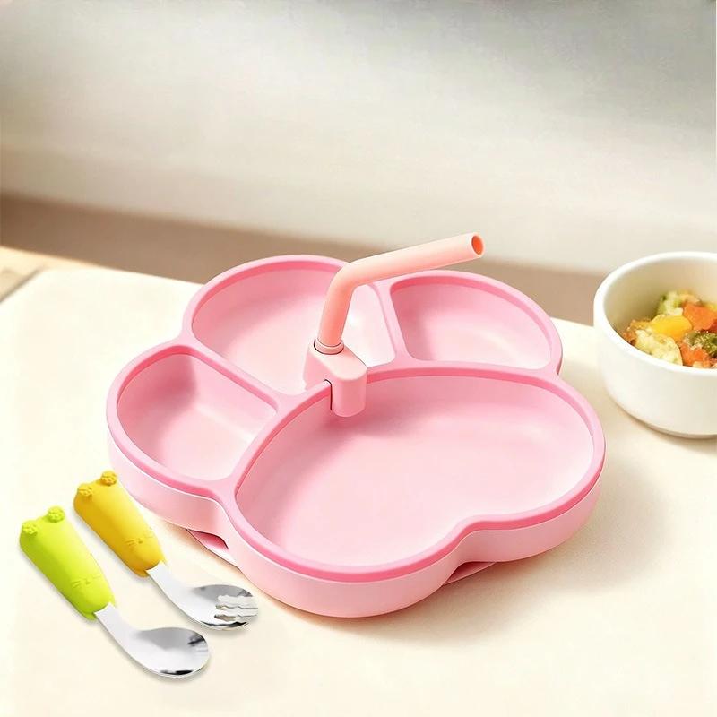 

Silicone Cat Paw Plate Set Baby Feeding Utensils Divided Design Toddler Learning Dish Non Slip Base BPA Free