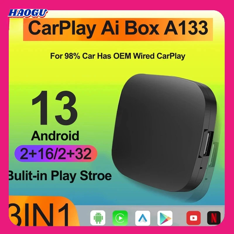 Haogu 2024 Android 13 smart CarPlay AI box wired to wireless CarPlay auto for Netflix for YouTube GPS 5gwifi