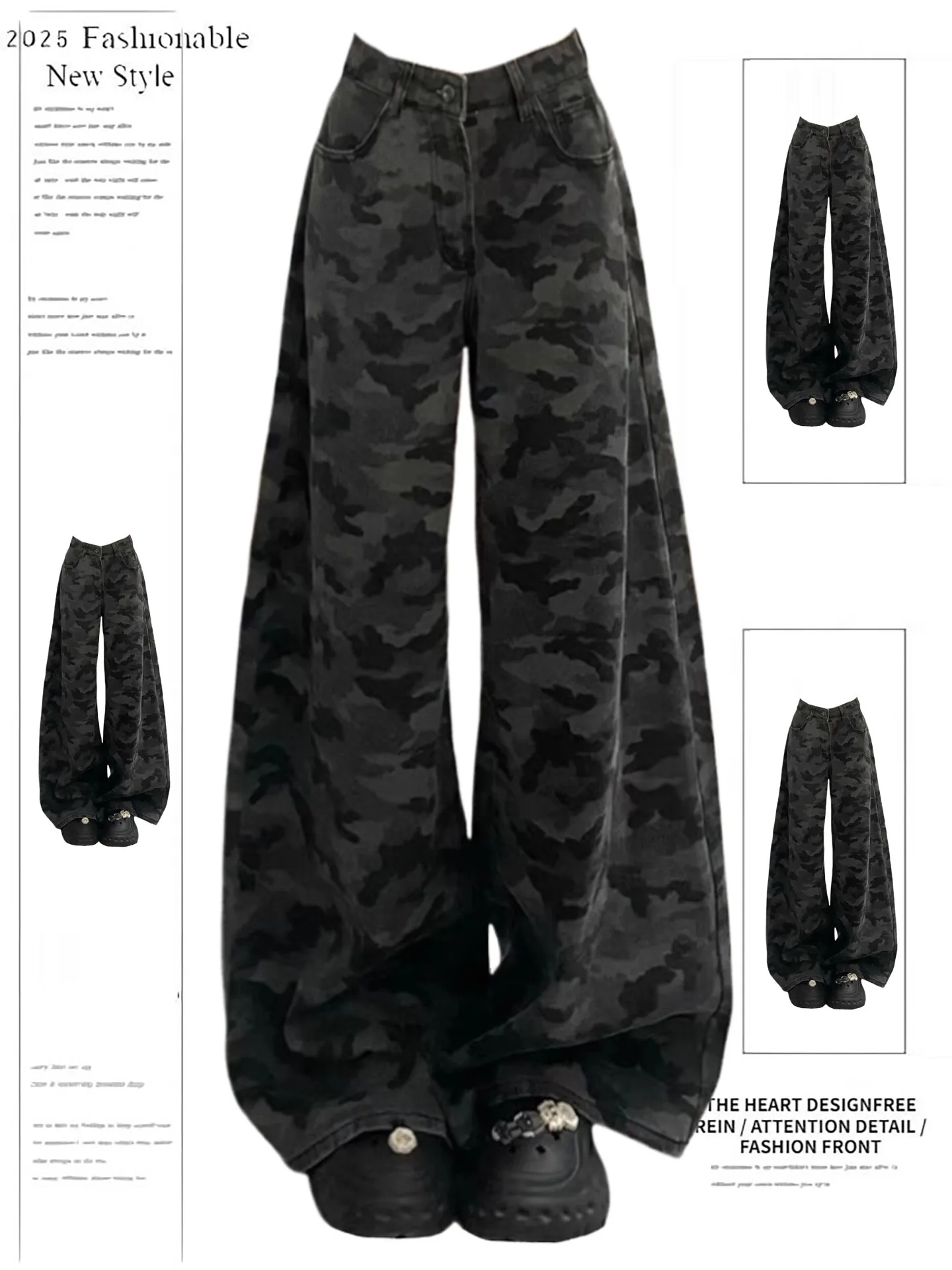 American Sle High Waist Camouflage Workwear Jeans Women's Loose Straight Leg Wide Leg Pants Long Trousers Autumn New Arrival