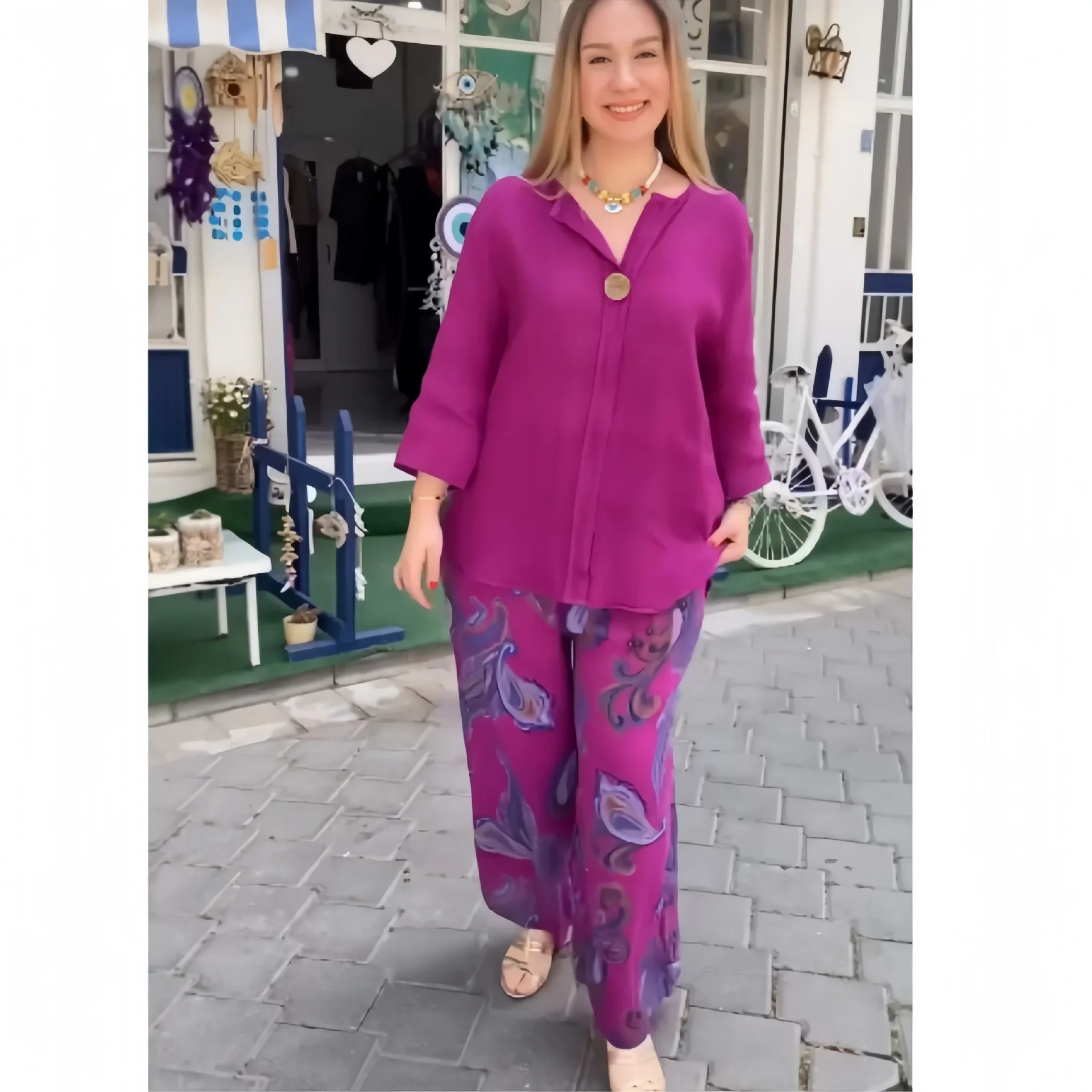 Conjunto de dos piezas para mujer, camisa de manga larga suelta, Tops elegantes con estampado de empalme, pantalones largos de pierna ancha, cintura elástica, otoño