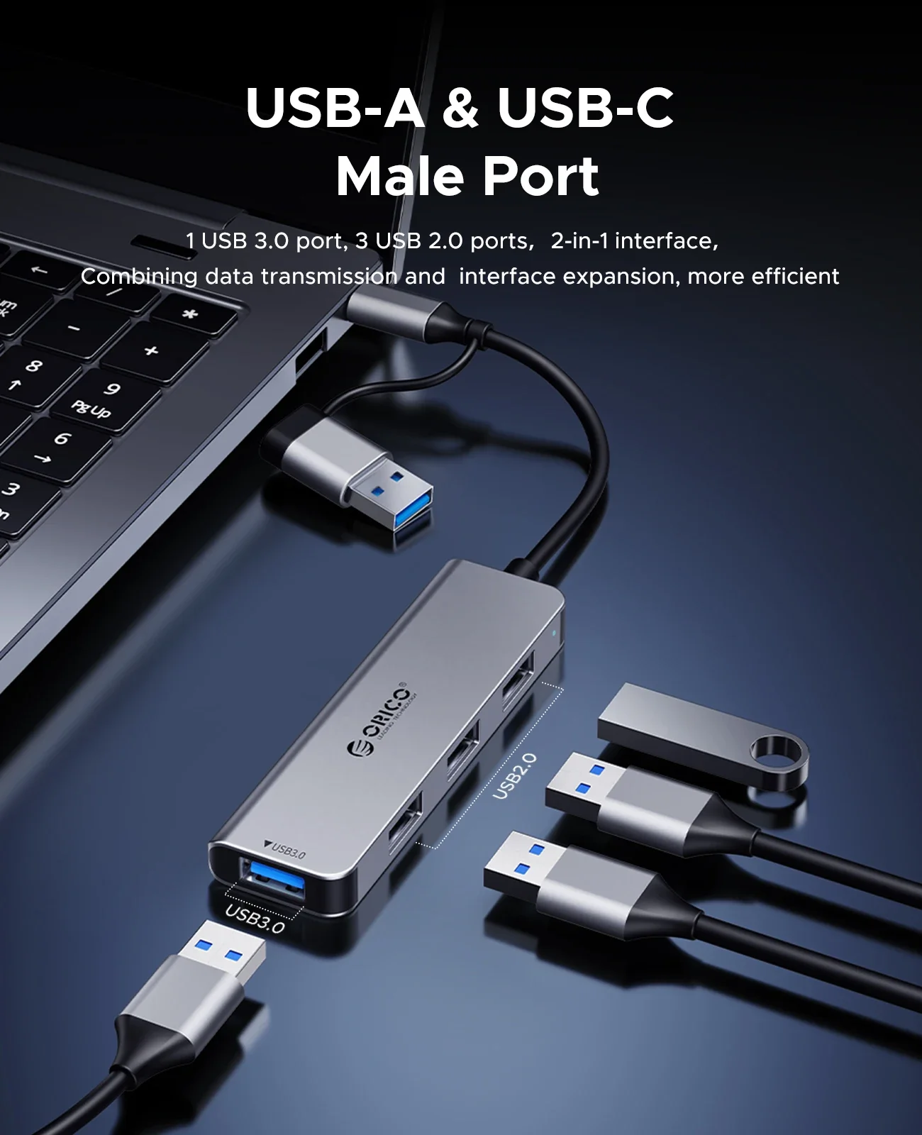 محور Orico-usb من النوع c إلى usb hub ، محول ألومنيوم للكمبيوتر المحمول ، محول قرص الهاتف ، من 4 إلى 7