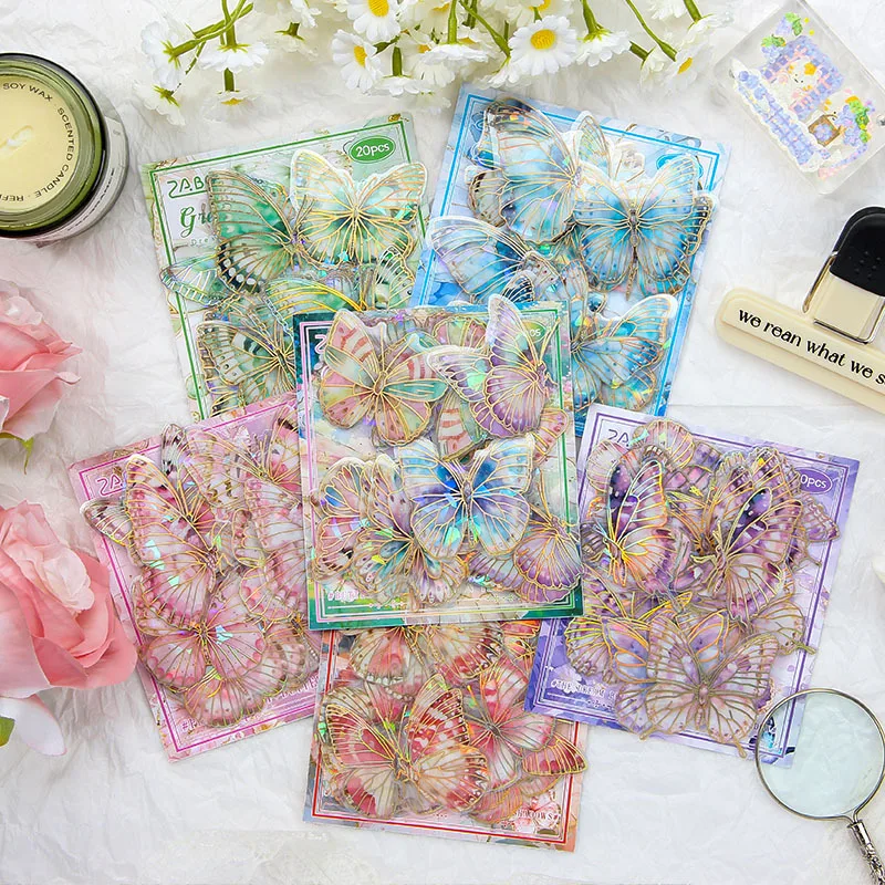 20Pcs Laser Color Butterfly PET Decor Stickers, Holographic Transparent Stickers for Hand Account Scrapbooking