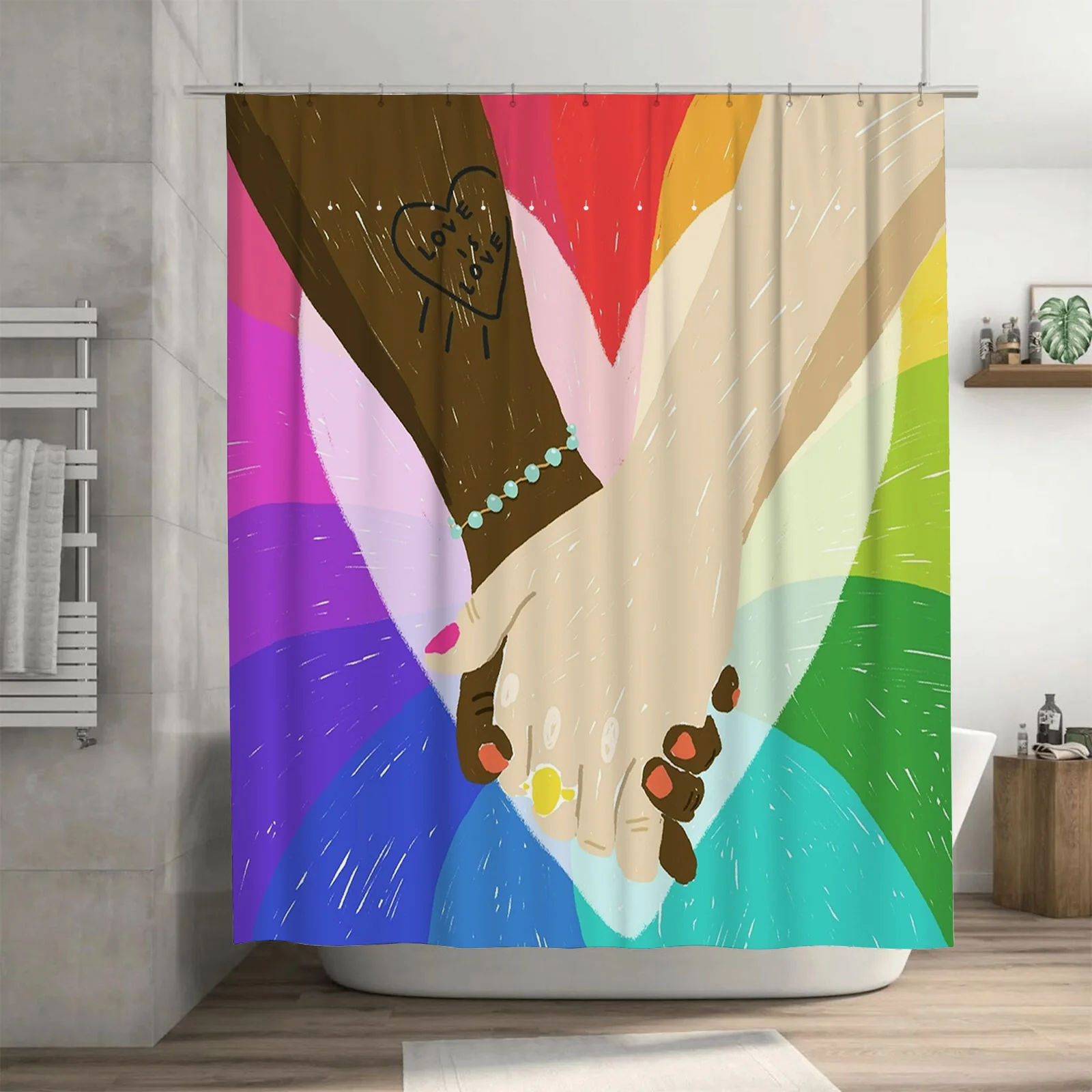 Rideau de douche Unity coloré – Conception de maintien des mains vibrantes pour un ensemble de décoration de salle de bain imperméable et unique
