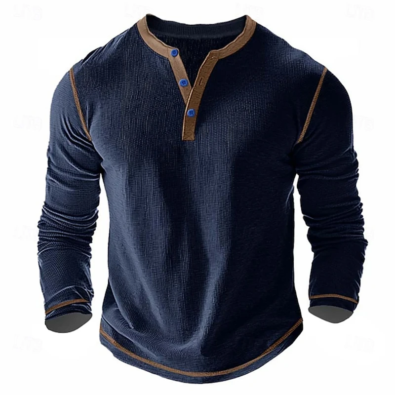 Men's Henry Long-Sleeve T-Shirt Solid Color Waffle Weave Print Button-Down V-Neck Relaxed Fit Fall Men's Pullover Streetwear Top