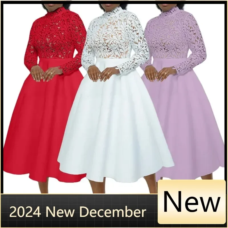 

Women Lace Hollow Out Big Swing Full Sleeve Knee Length Dress 2025 Fall Street Vestidos Sexy Party Evening Chic Dresse