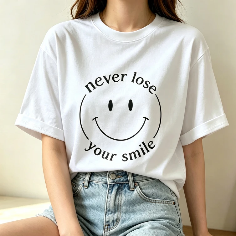 Simple Line Smiley Graphic Tee Women Never Lose Your Smile Inspiring Quote Soft Loose Summer Casual Streetwear Blouse Y2k Top