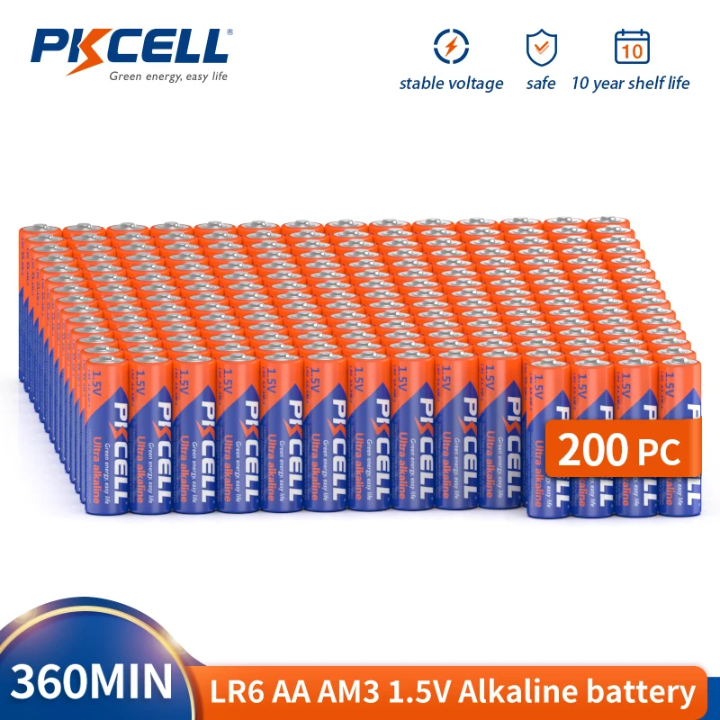 200PC PKCELL AA LR6 Batteries 1.5V Double A Alkaline Battery AA Batteries for Keyboards Clocks Toys Remote Controls 10-Years