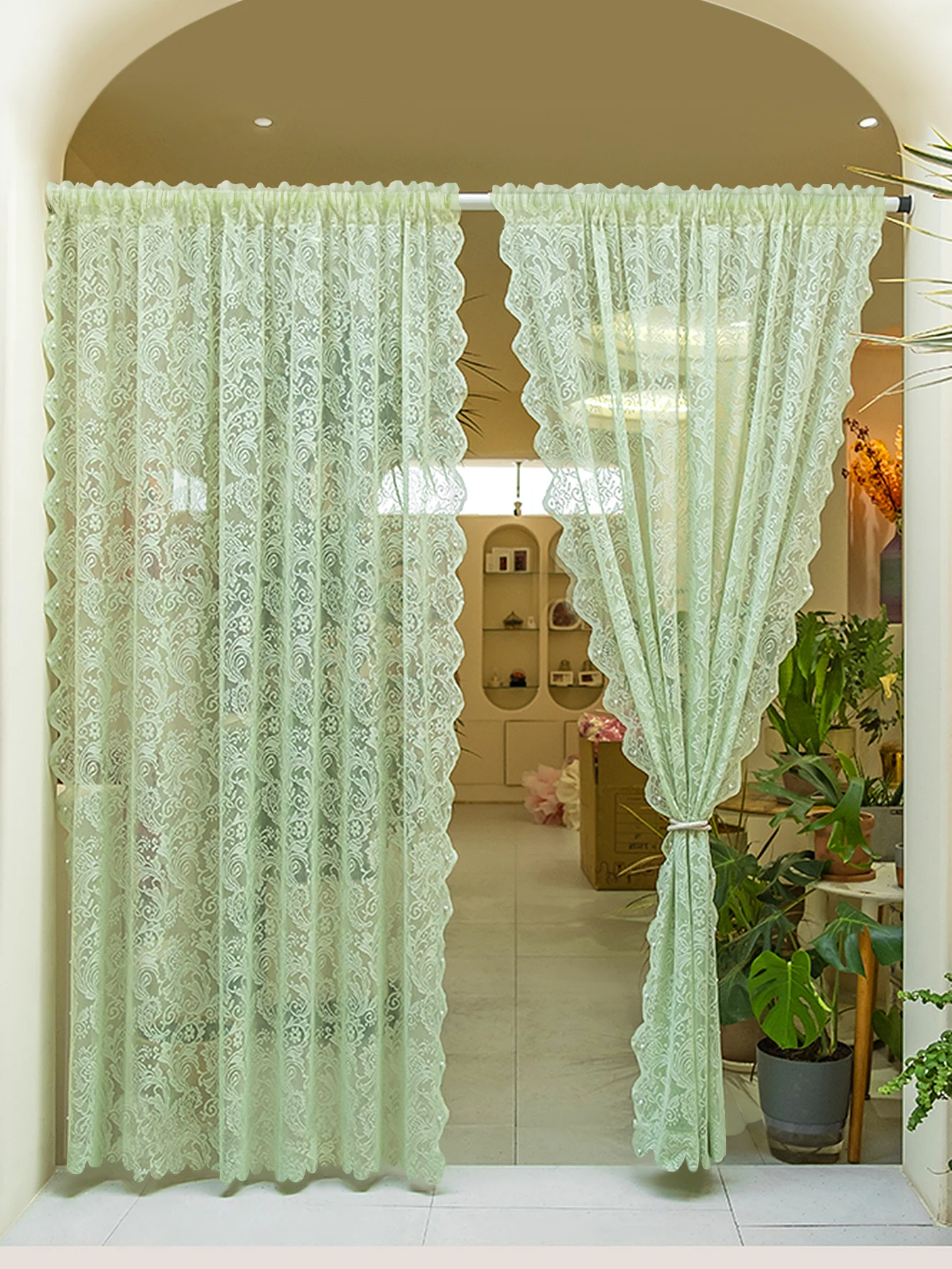 1 Stück grüner transparenter Spitzenvorhang, floral bestickter Voile-Vorhang für Wohnzimmer, Fensterdekoration, Vorhänge für Raum- und Türdekoration