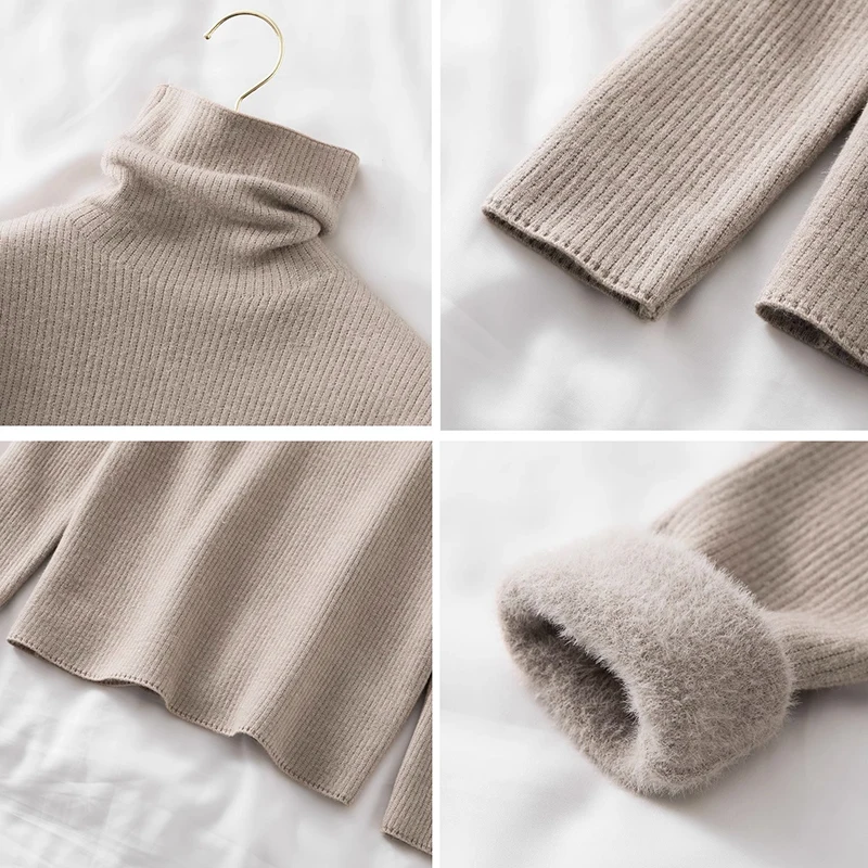 Turtleneck Sweater Plus Velvet Women Solid Colors Bottoming Pullover All-Match Long Sleeve Top Autumn Winter Fleece Lined Sueter