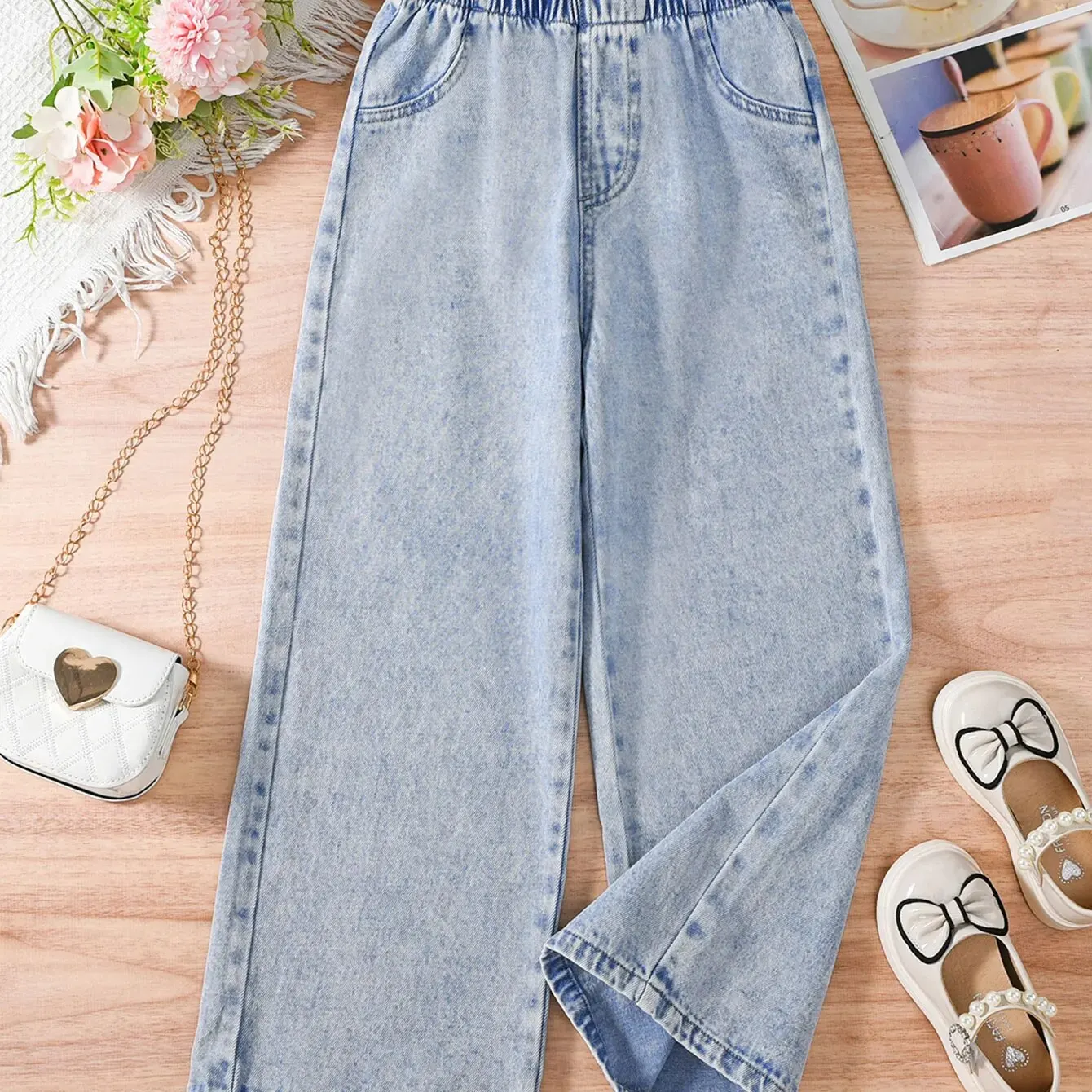 2024 Summer Trend Teen Girls Casual All-in-one Denim Wide-leg Pants for Outdoor Activities