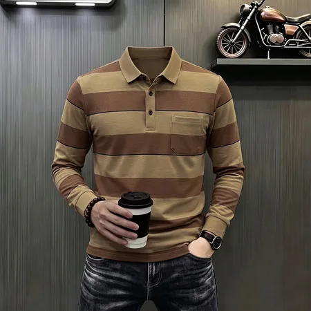 Einfaches Herren-Poloshirt mit langen Ärmeln, Kragen, Brusttasche, Knopfleiste, für Büro, Frühling, Herbst, Freizeit. – Detail 19